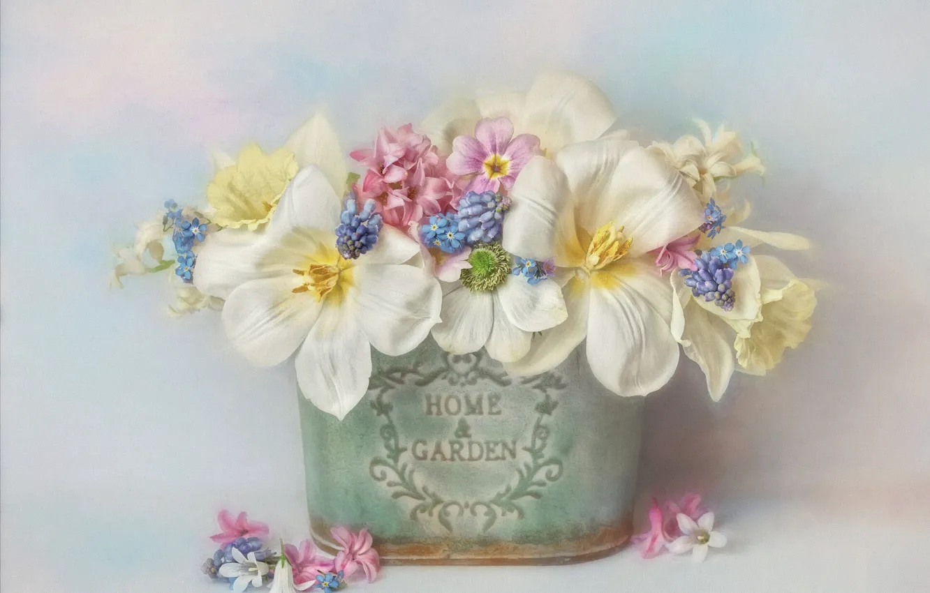 Photo wallpaper flowers, background, bouquet, blue, art, tulips, pot, pink