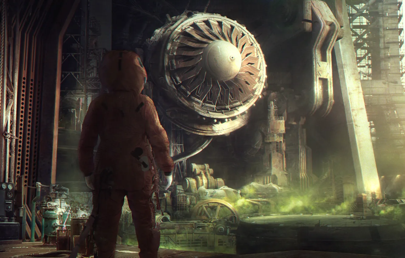 Photo wallpaper construction, astronaut, equipment, unit, Abandoned spaceship factory