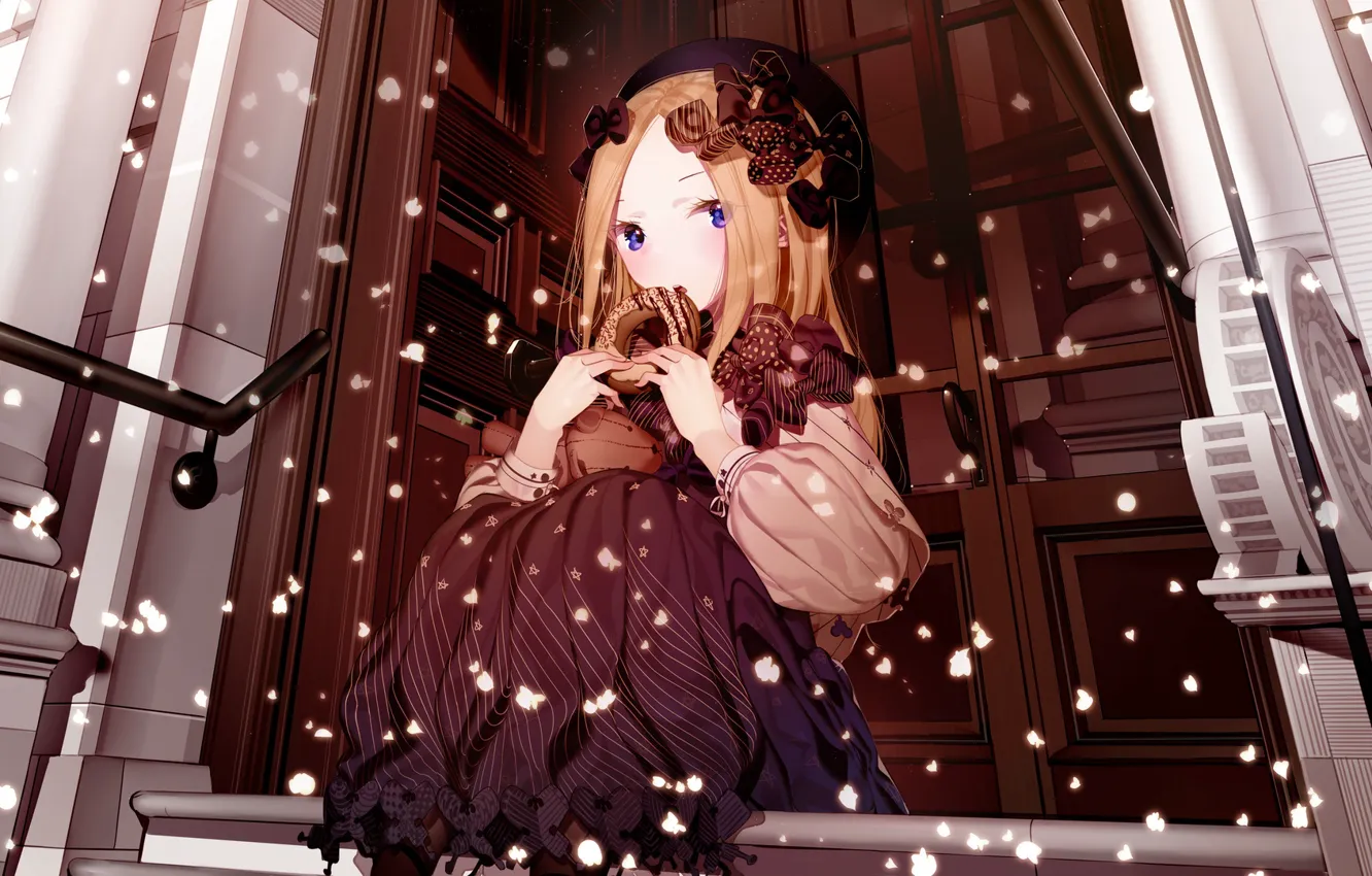 Photo wallpaper snow, door, girl, bows, blue eyes, donut, takes, sitting on the stairs