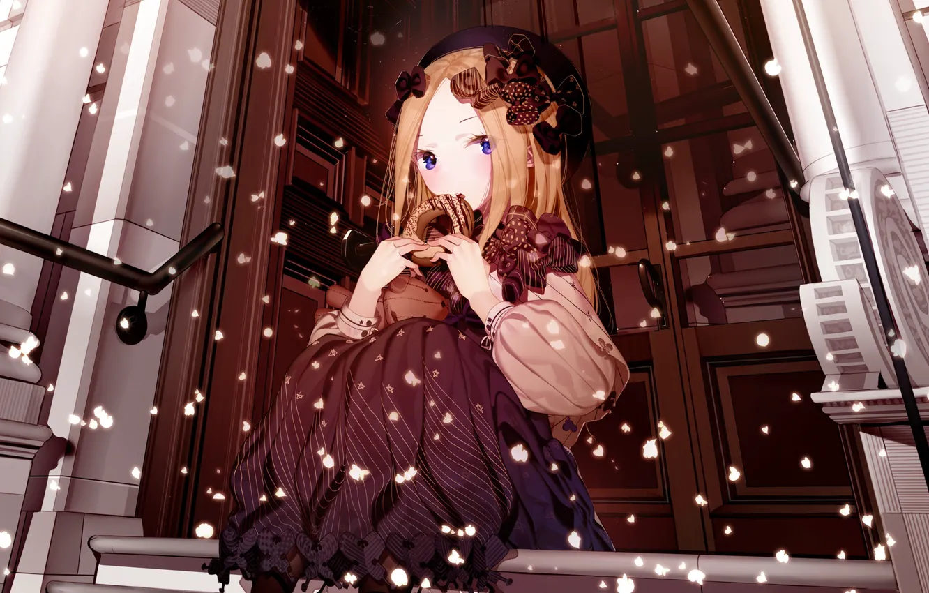 Photo wallpaper snow, the door, girl, donuts, blue eyes, bow, takes, Fate / Grand Order