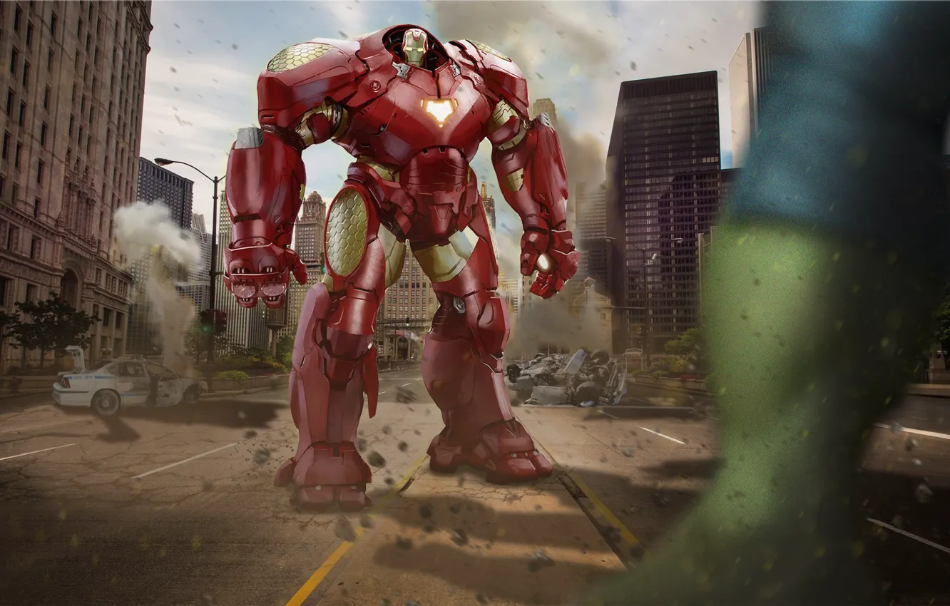 Photo wallpaper armor, art, hulk, iron man, avengers, Avengers: Age of Ultron, hulkbuster