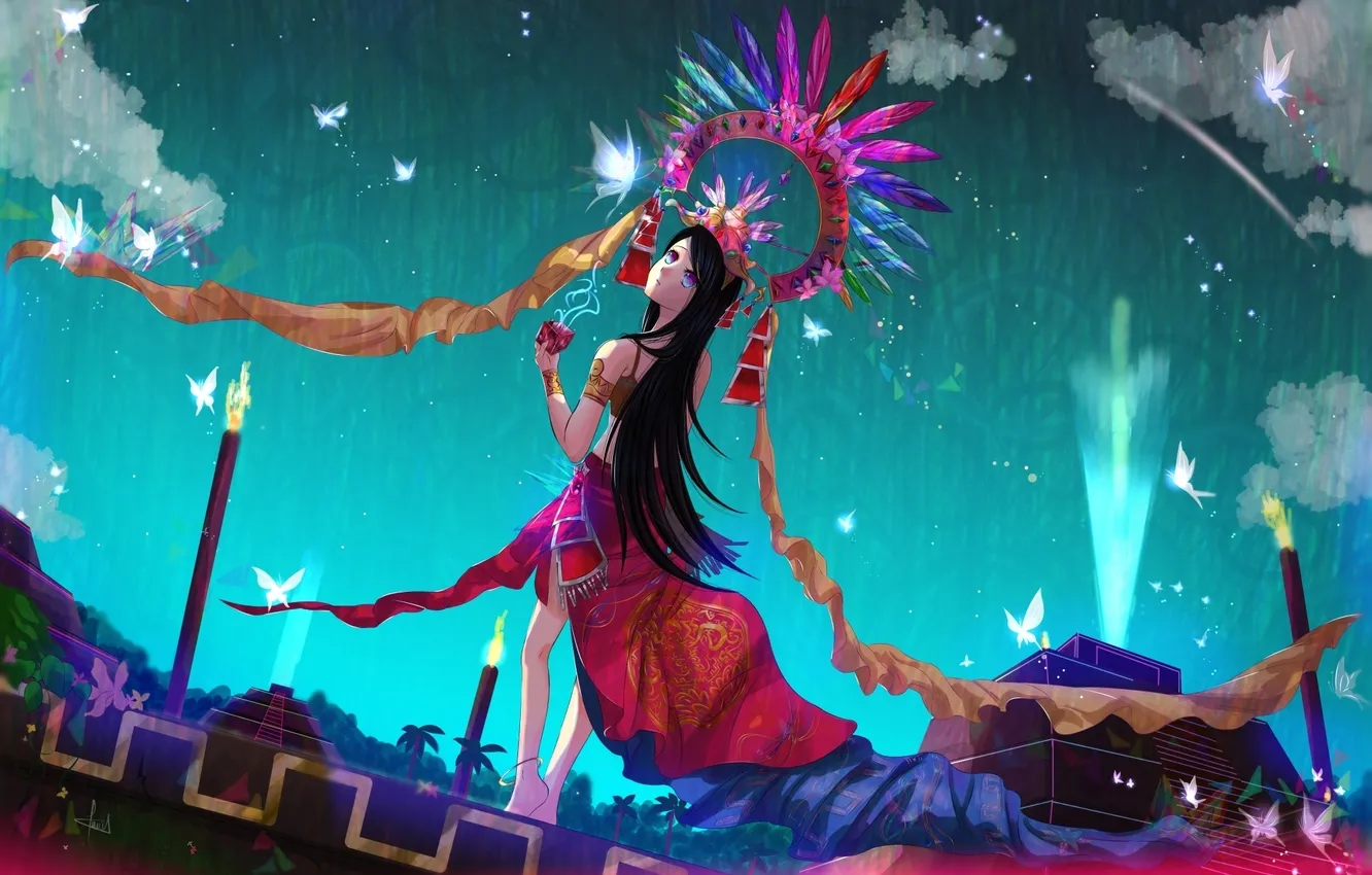 Photo wallpaper the sky, girl, stars, clouds, night, butterfly, art, ponchiux