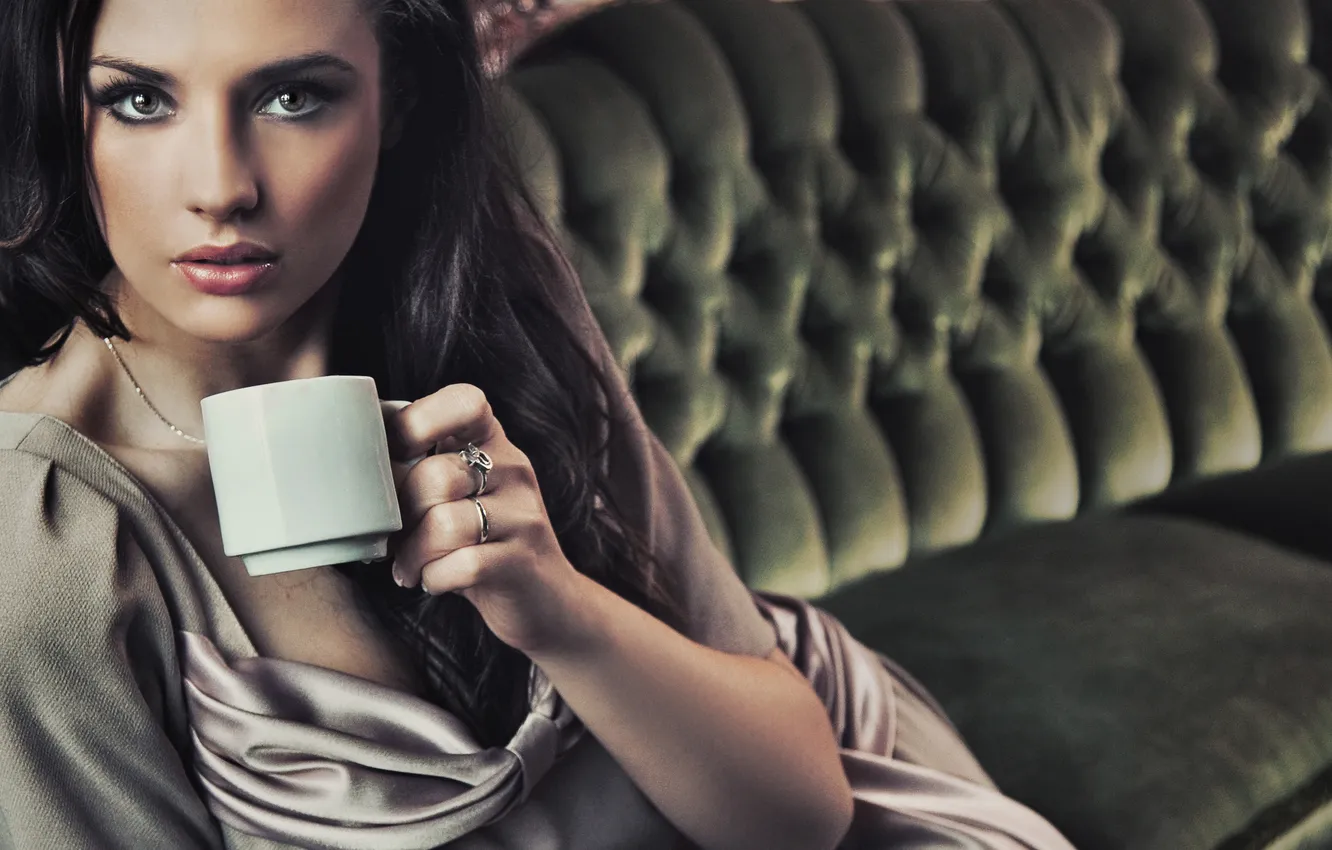 Photo wallpaper look, girl, sofa, ring, mug, brown hair, curls, cepochka