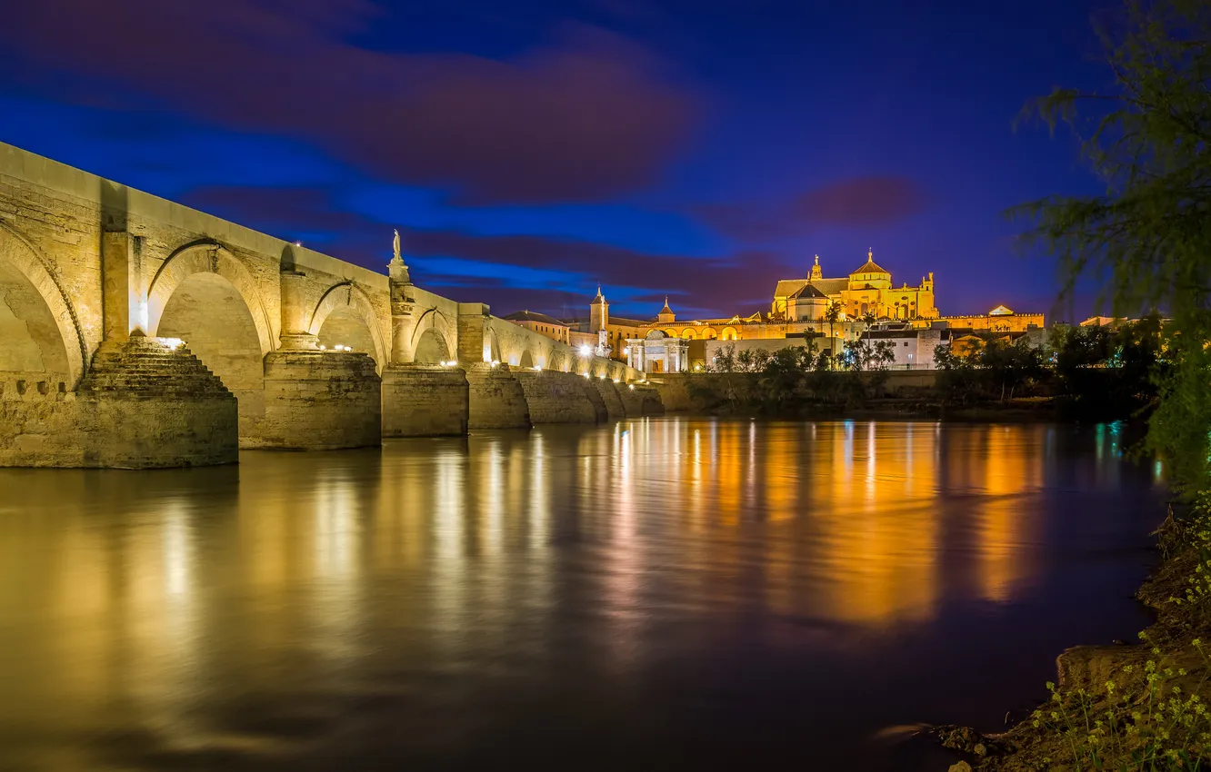 Photo wallpaper the sky, night, bridge, lights, river, home, Church, Spain