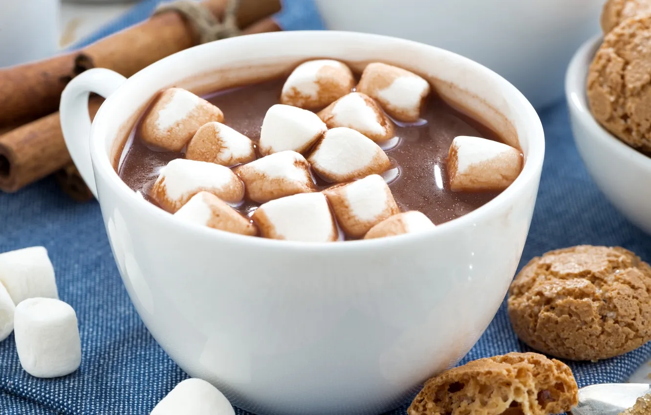Photo wallpaper cookies, Cup, drink, cocoa, marshmallows