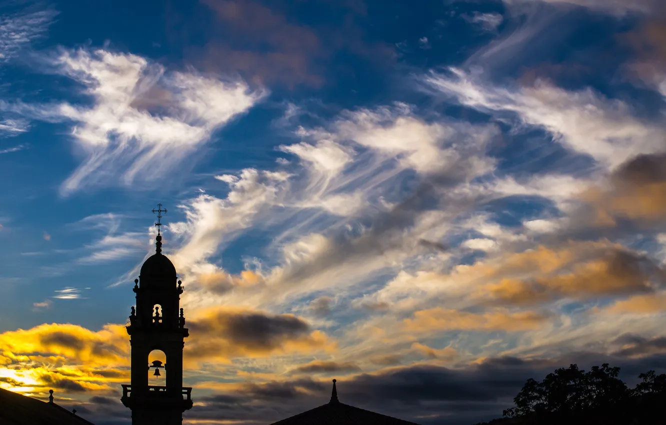 Photo wallpaper roof, the sky, clouds, trees, sunset, the evening, silhouette, the bell tower