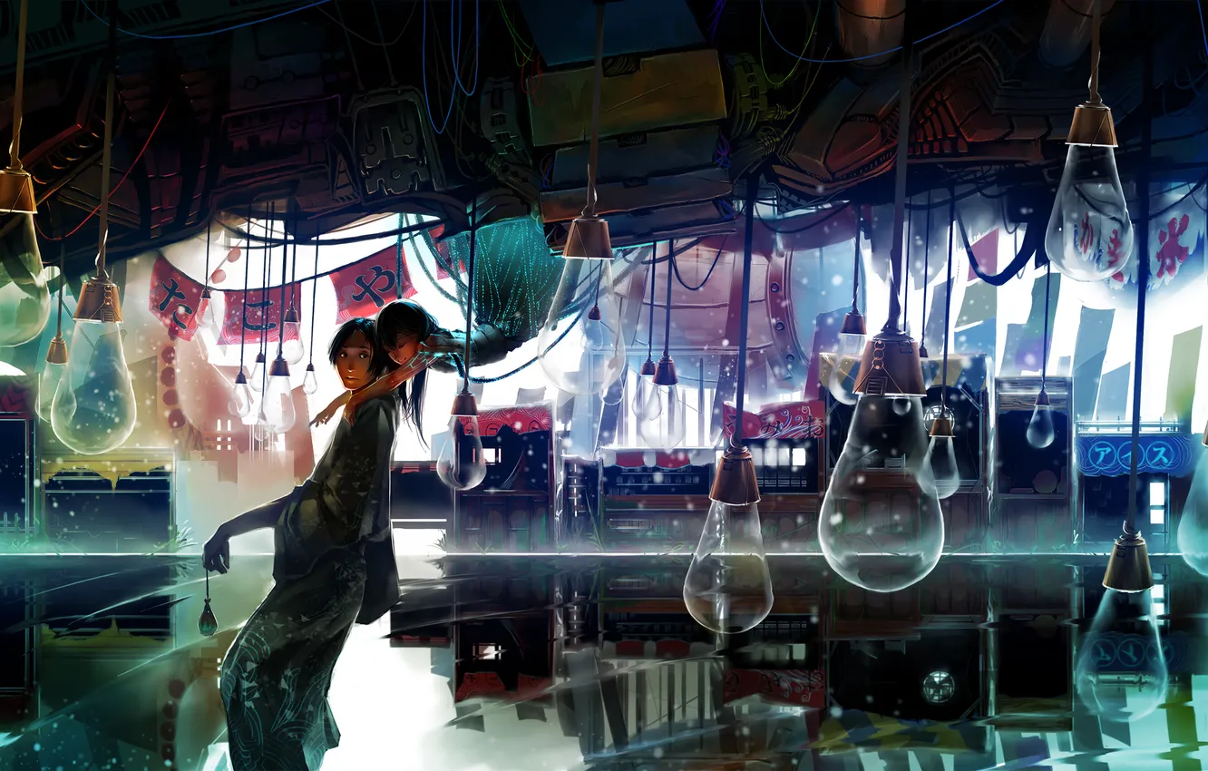 Photo wallpaper girl, robot, hugs, guy, light bulb