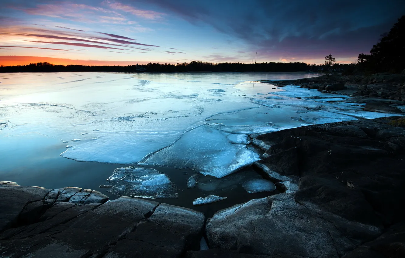 Photo wallpaper ice, sunset, lake