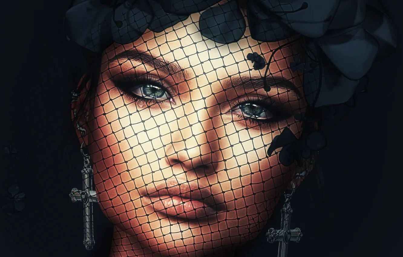Photo wallpaper girl, face, cross, earrings, wreath, veil