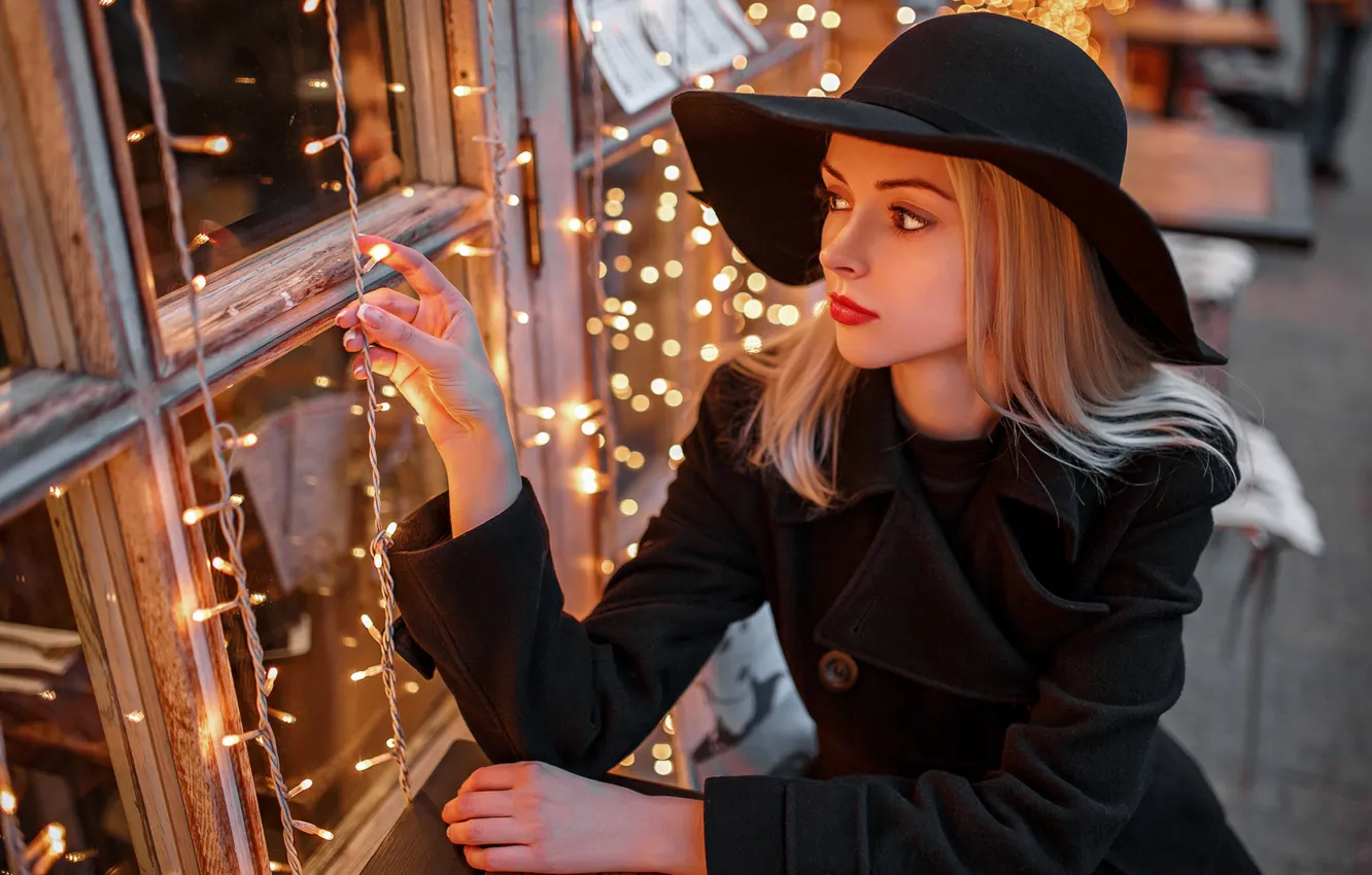 Photo wallpaper girl, mood, hat, garland, coat, Dmitry Pererva