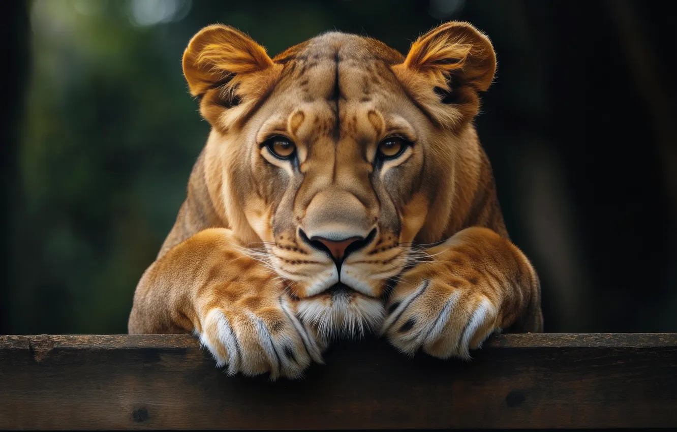 Photo wallpaper look, face, nature, pose, the dark background, Board, portrait, paws
