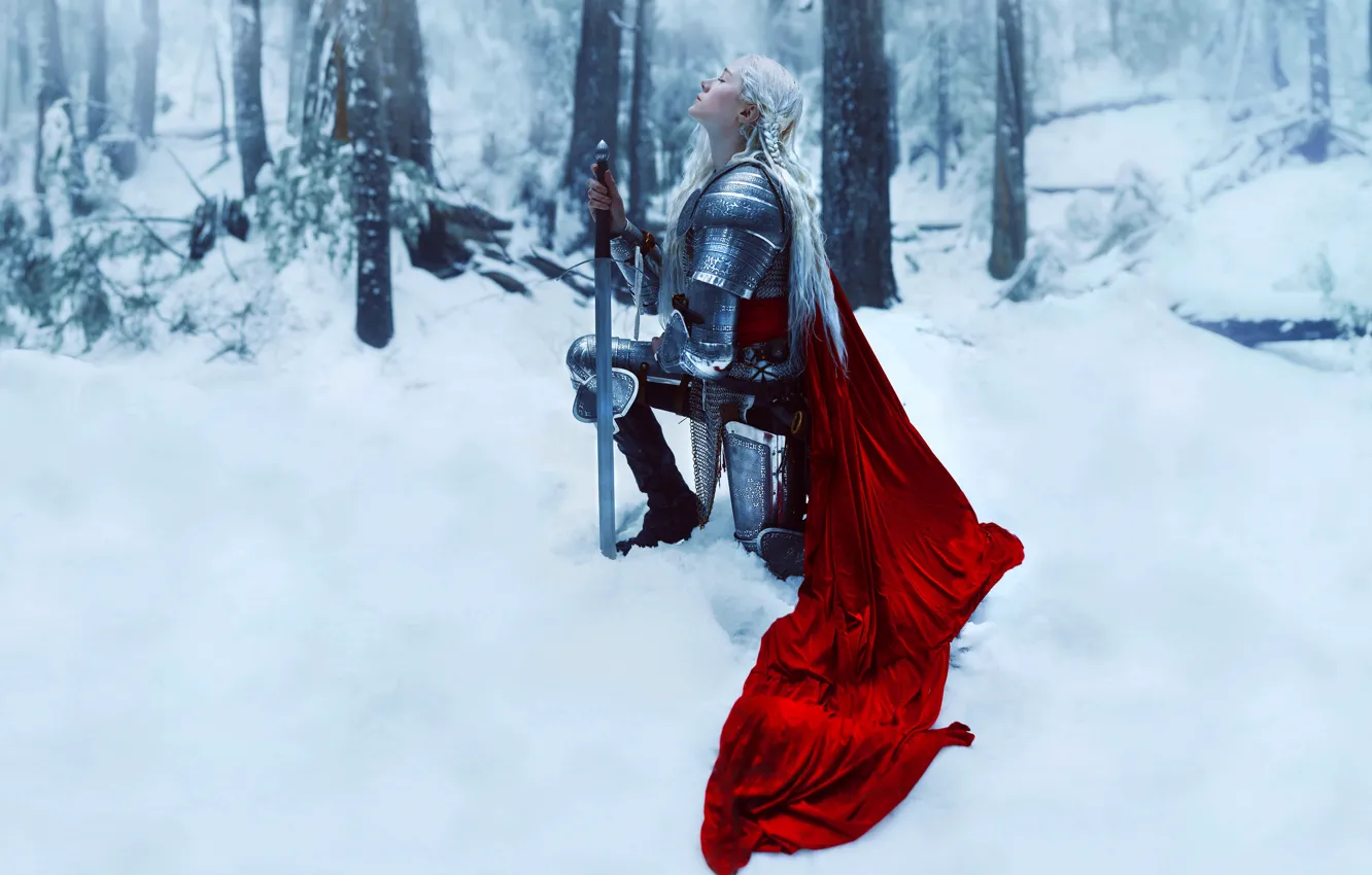 Photo wallpaper winter, girl, snow, style, sword, warrior, fantasy, image