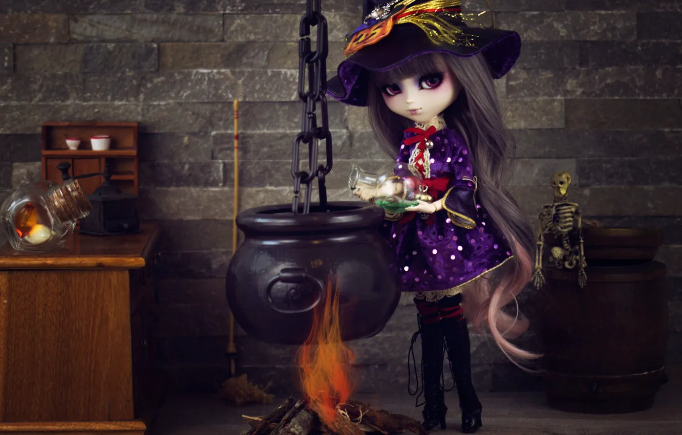 Photo wallpaper fire, toy, doll, witch, potion, boiler