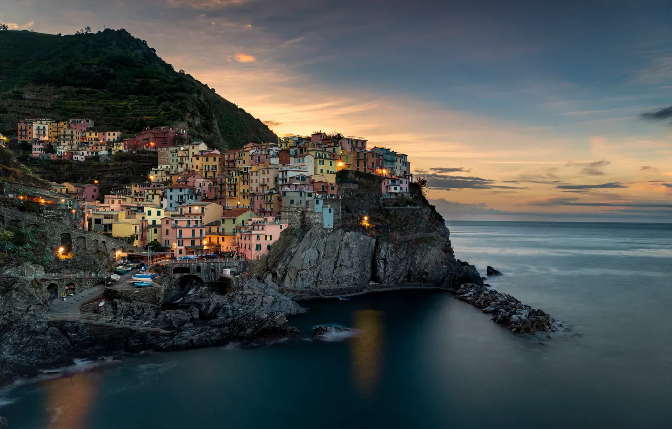 Photo wallpaper sea, the sky, clouds, lights, rocks, coast, home, the evening