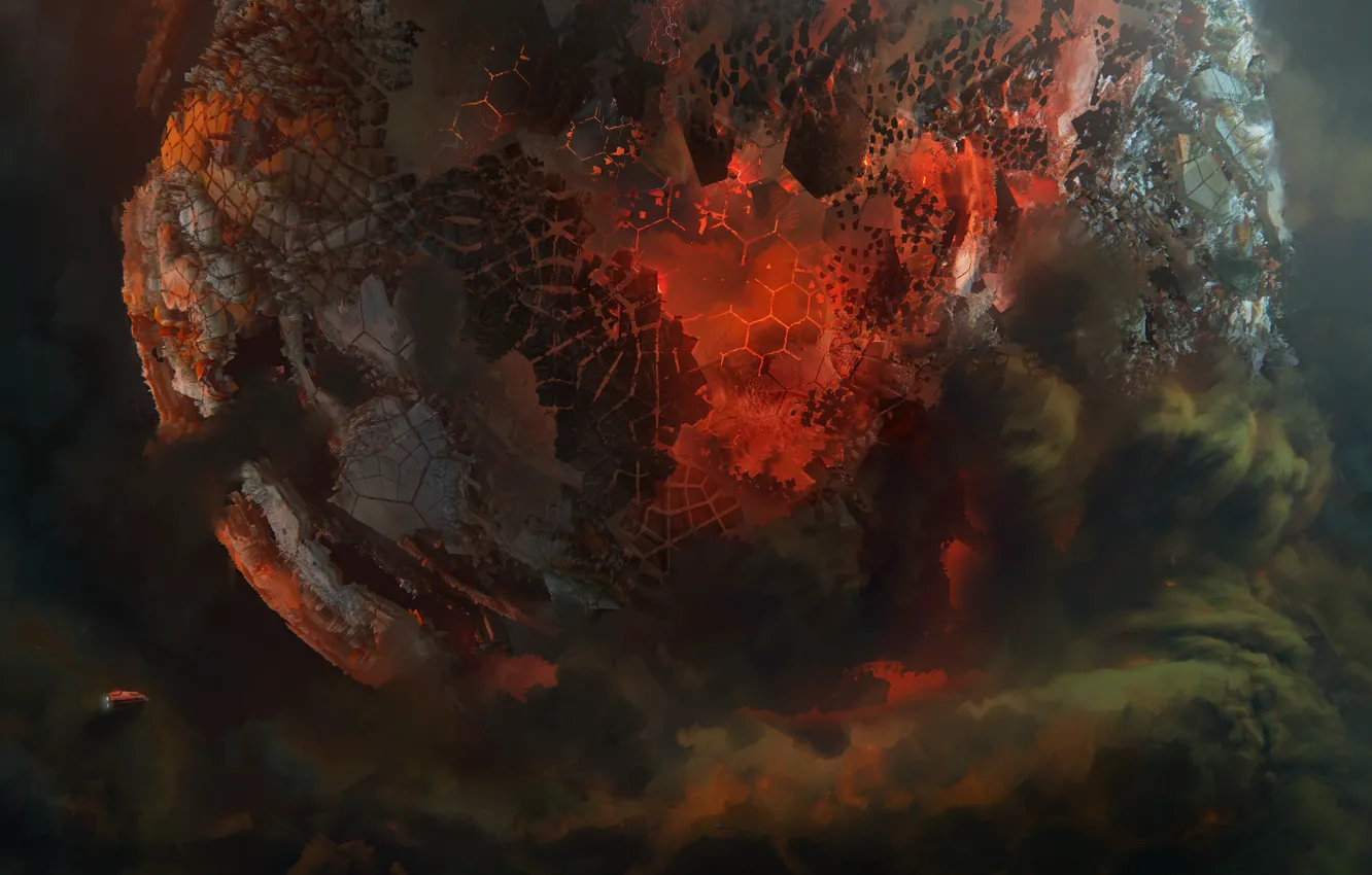 Photo wallpaper lights, balls, smoke, destruction, misplaced core