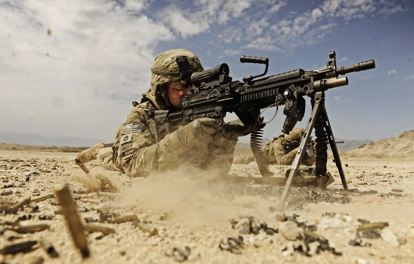 Photo wallpaper War, Military, Weapon, Man, Soldier, Desert, SAW, M249 SAW