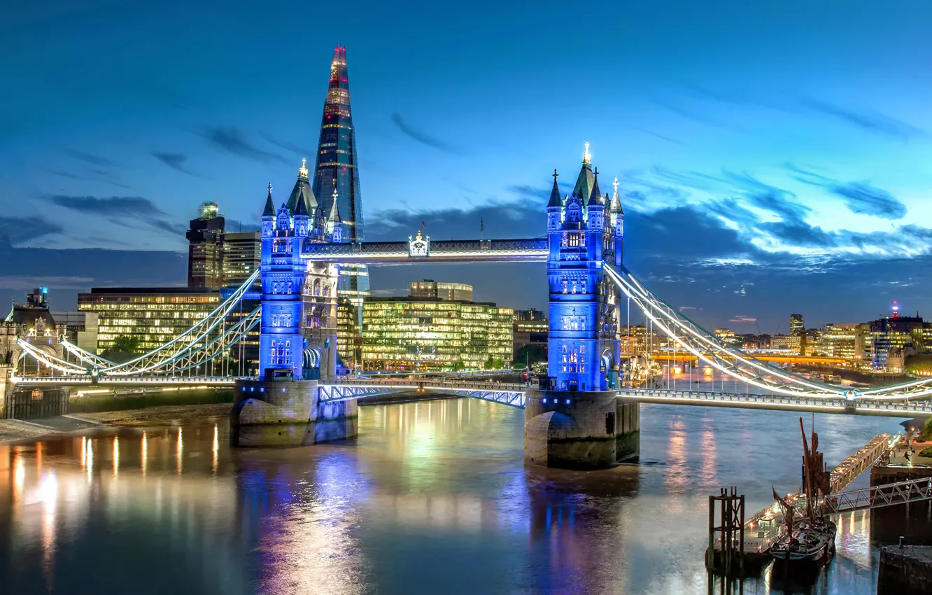 Photo wallpaper bridge, the city, river, England, London, building, the evening, lighting