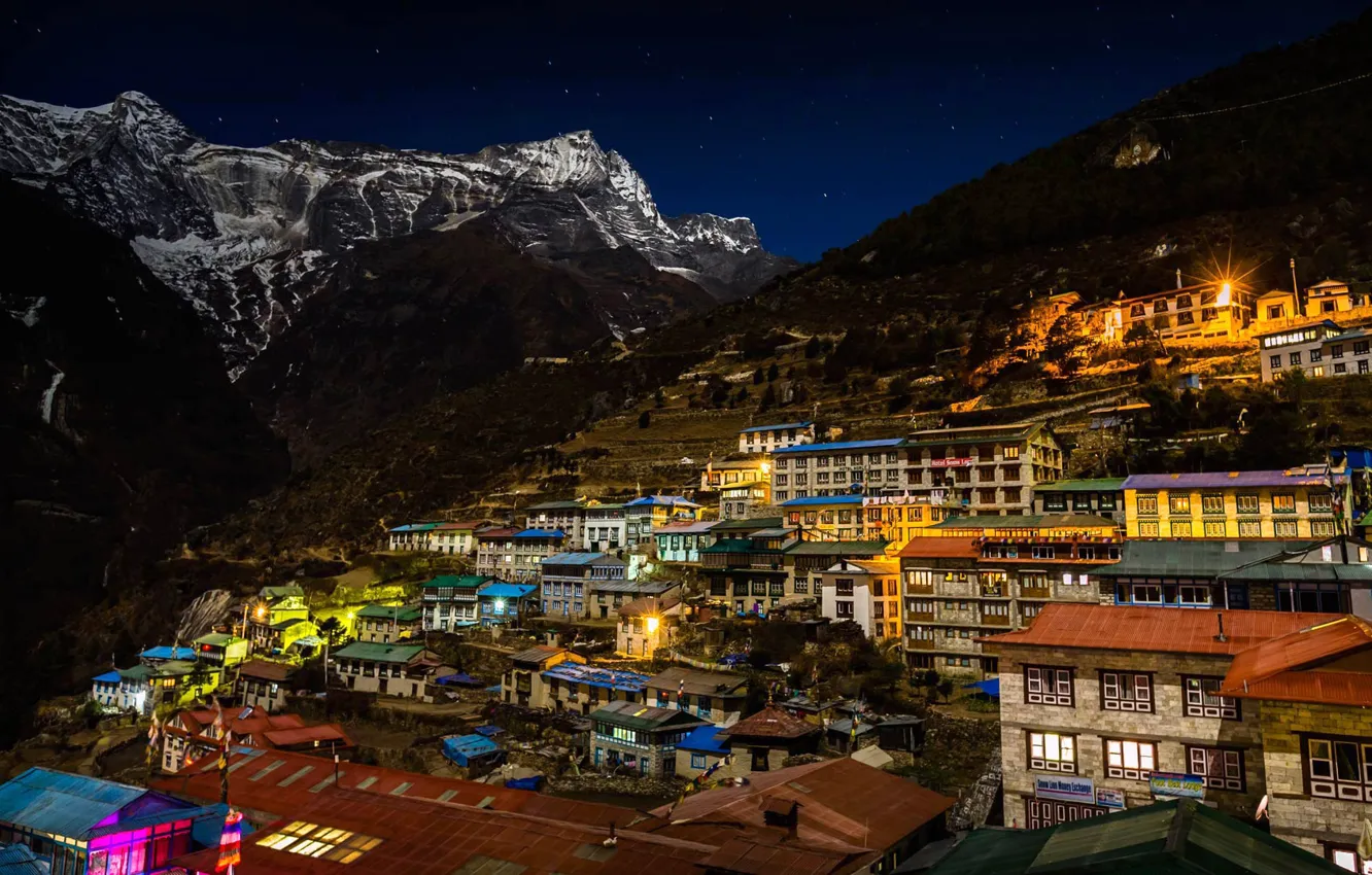 Photo wallpaper mountains, the city, lights, home, Nepal, Sagarmatha national Park