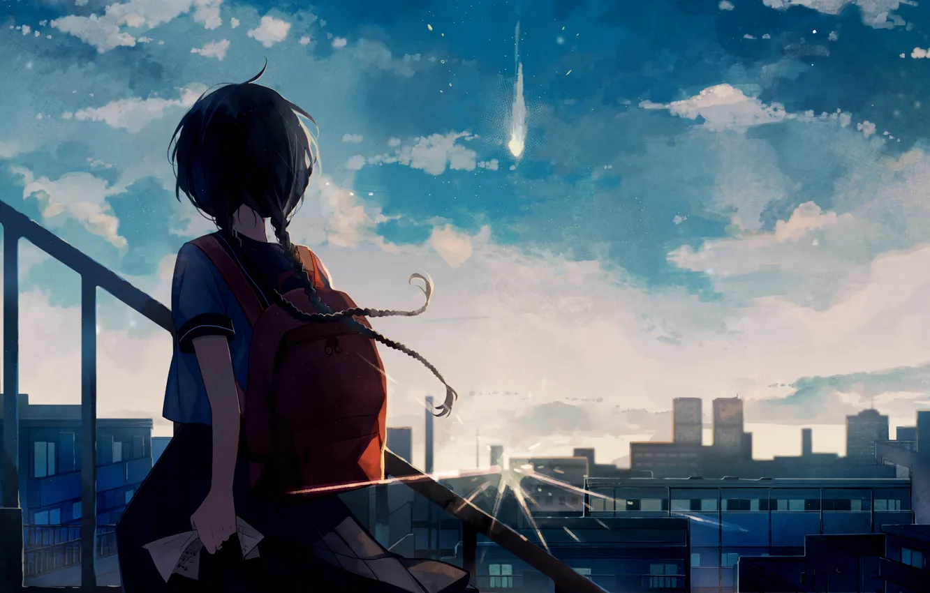 Photo wallpaper the sky, clouds, the city, comet, ladder, girl