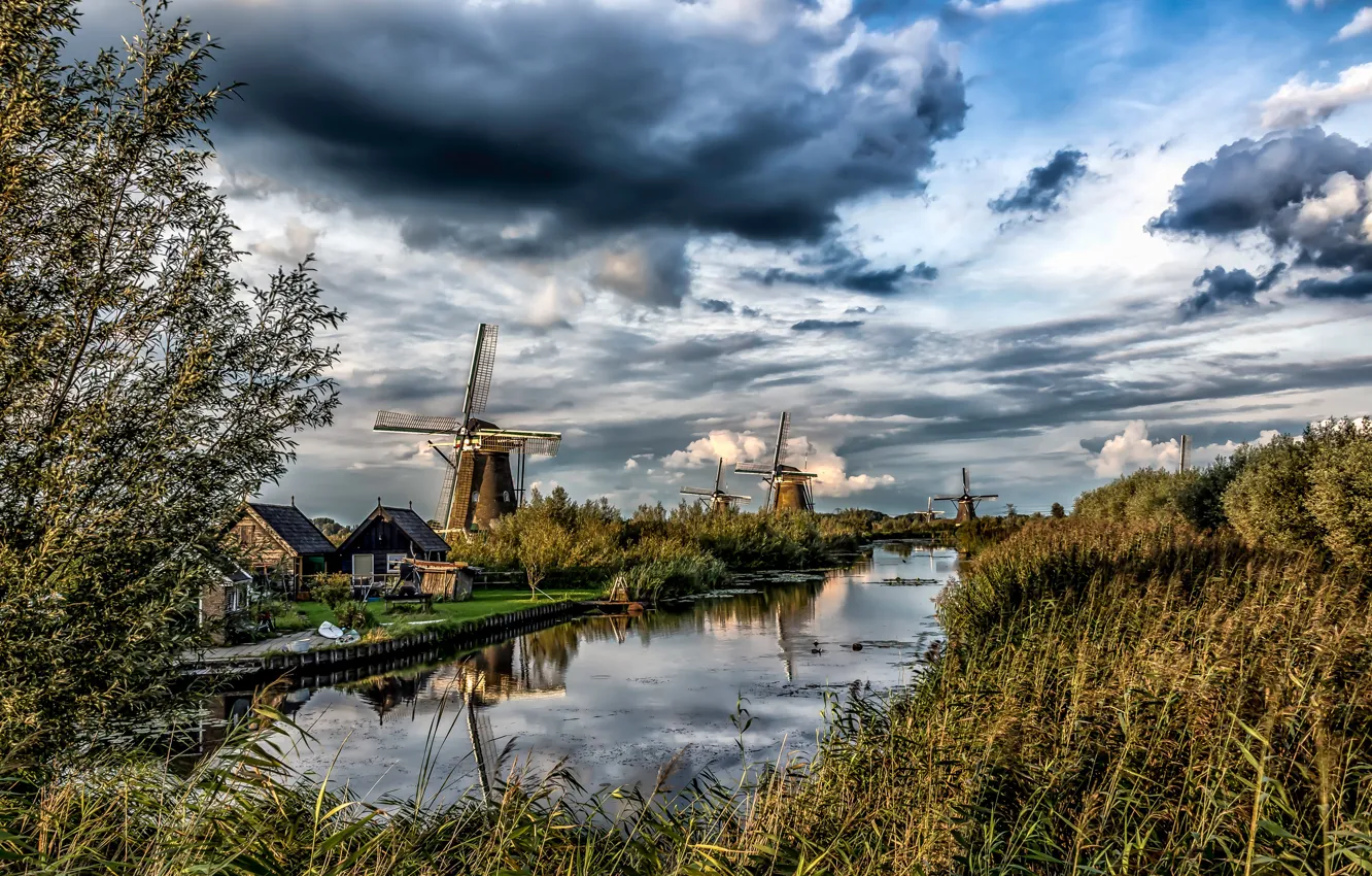 Photo wallpaper the sky, grass, the sun, clouds, trees, home, mill, river