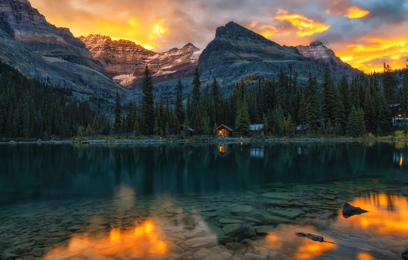 Photo wallpaper forest, the sky, clouds, snow, sunset, mountains, lake, glare