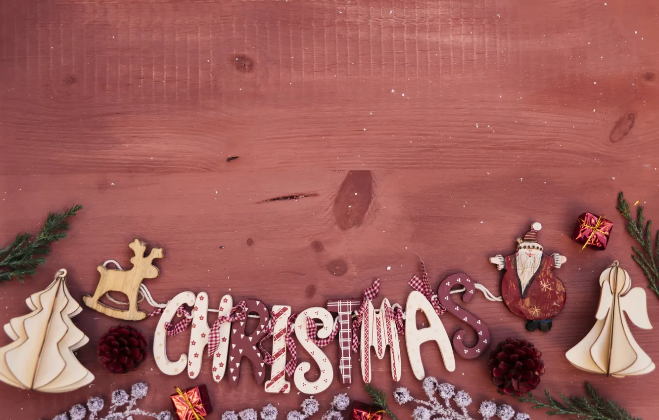 Photo wallpaper snowflakes, background, holiday, the inscription, toys, Santa Claus