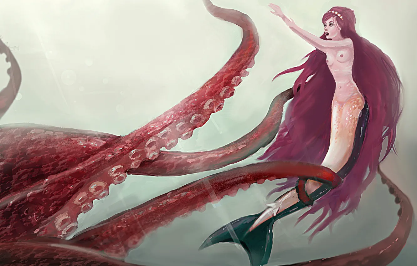 Photo wallpaper sea, hair, mermaid, tail, octopus