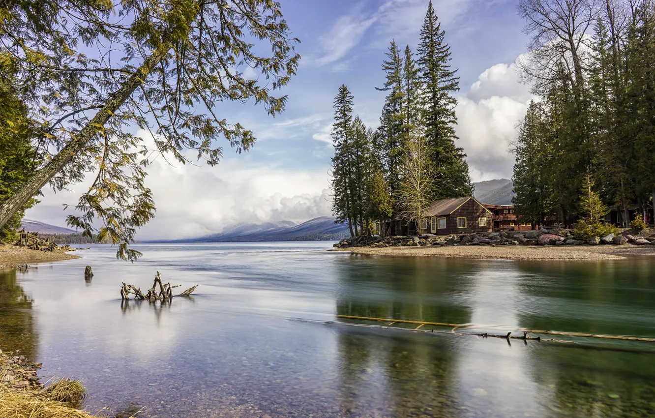 Photo wallpaper forest, the sky, clouds, trees, mountains, lake, stones, shore