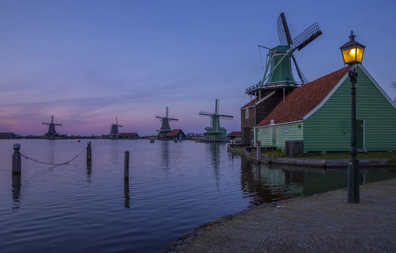 Photo wallpaper shore, lights, twilight, pond, windmills