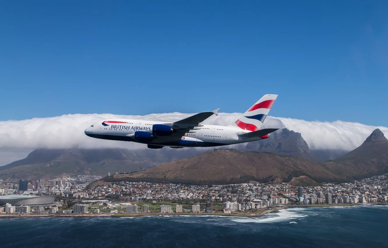 Photo wallpaper sea, the sky, the city, flight, Airbus, Airbus, British Airways, A380