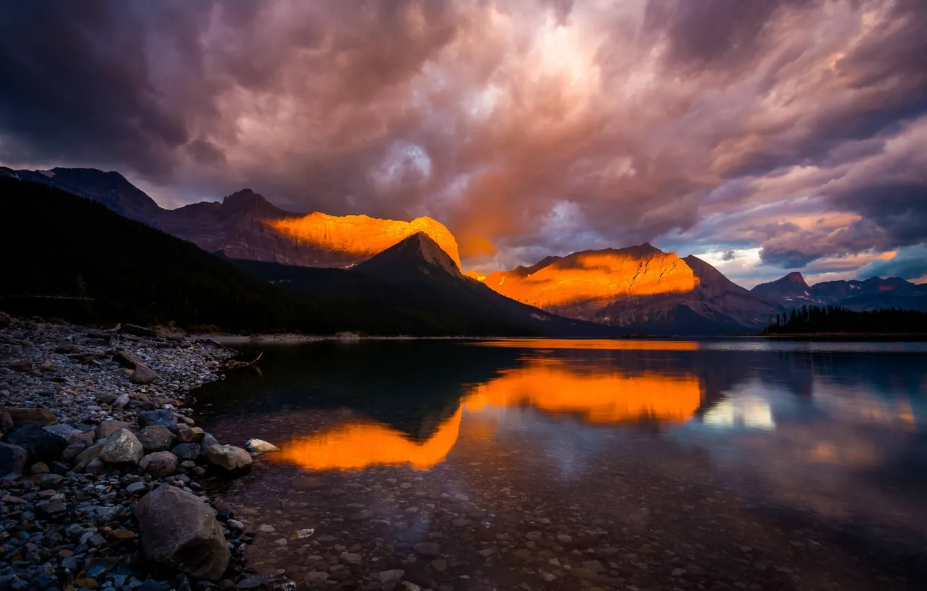 Photo wallpaper the sky, trees, sunset, mountains, clouds, nature, lake, rocks