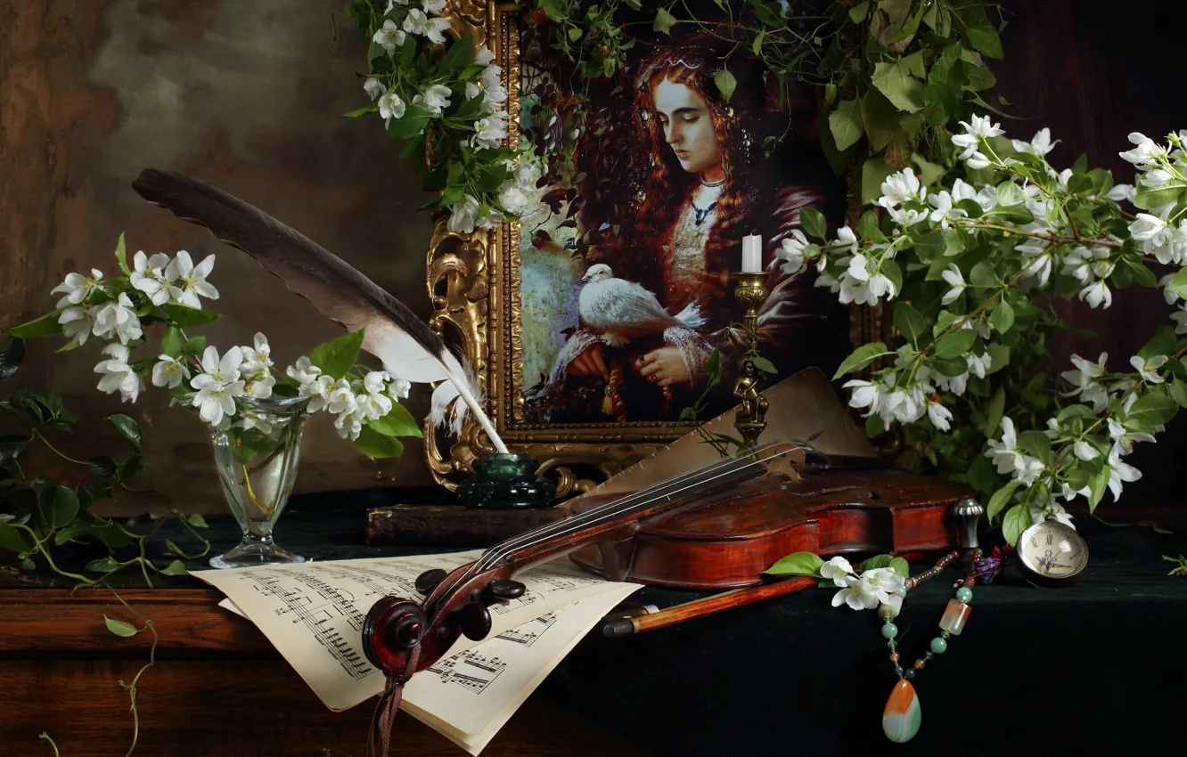 Photo wallpaper branches, notes, pen, violin, glass, portrait, picture, Jasmine