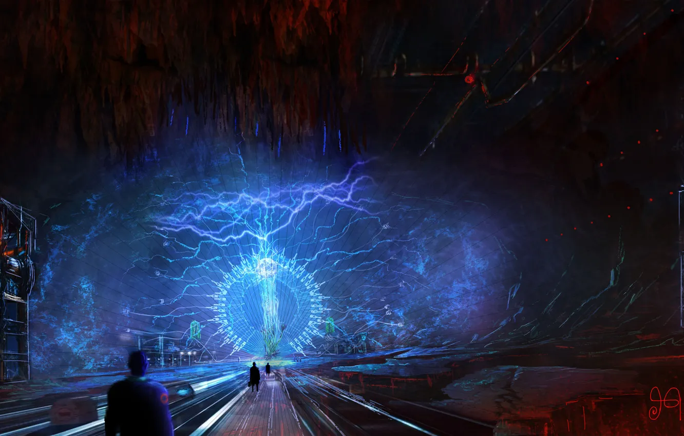 Photo wallpaper road, lightning, people, the portal, art, Hemant A