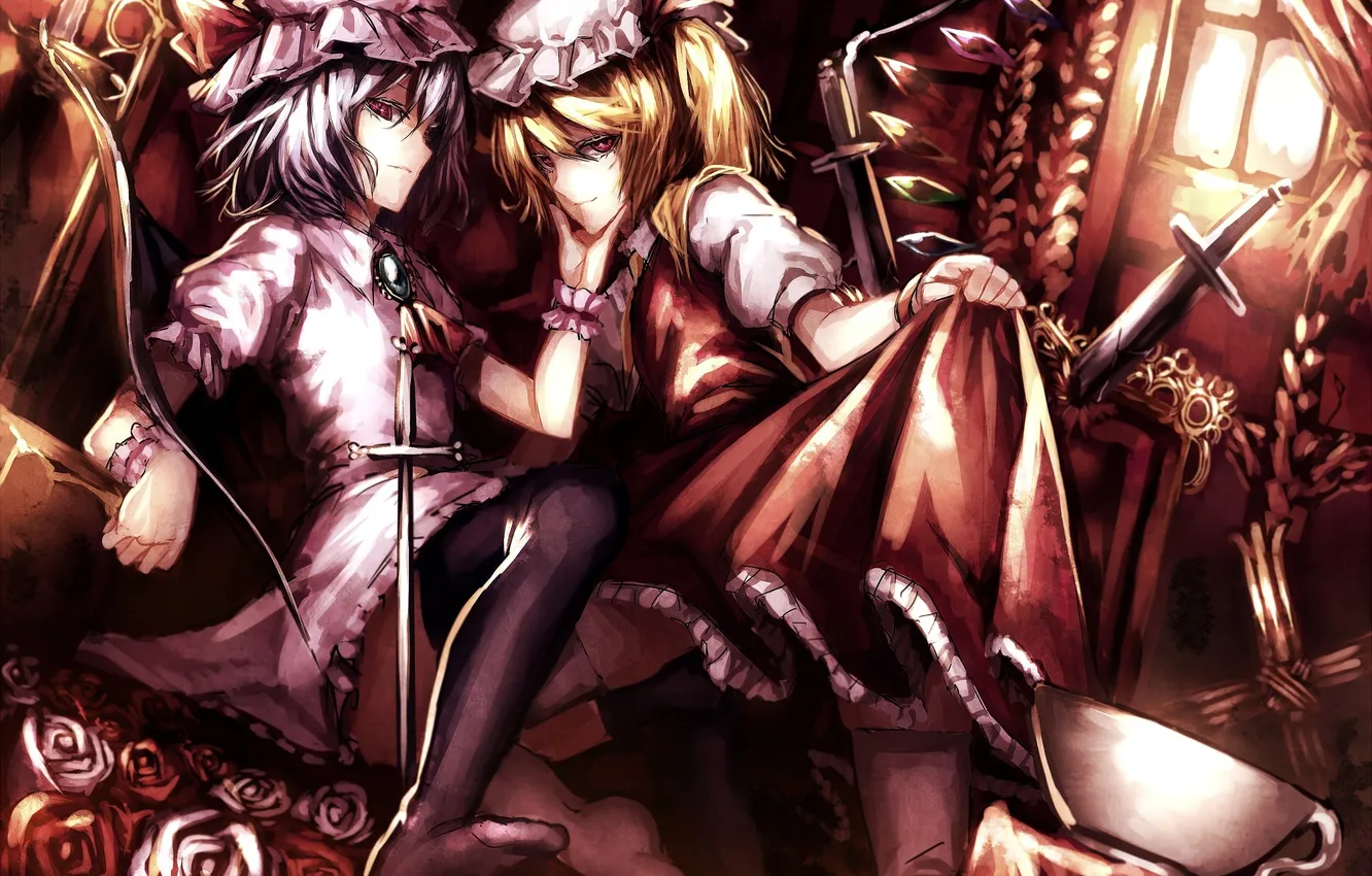 Photo wallpaper girl, flowers, weapons, roses, wings, sword, anime, art