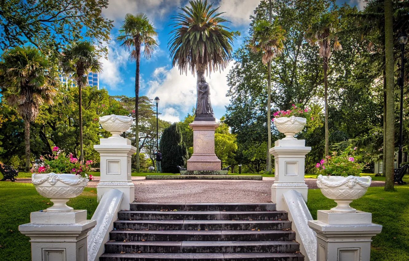 Photo wallpaper bench, Park, palm trees, lawn, Australia, ladder, monument, Melbourne