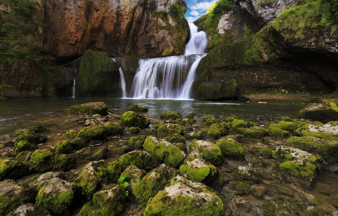 Photo wallpaper rock, stones, France, waterfall, moss, Franche-Comte
