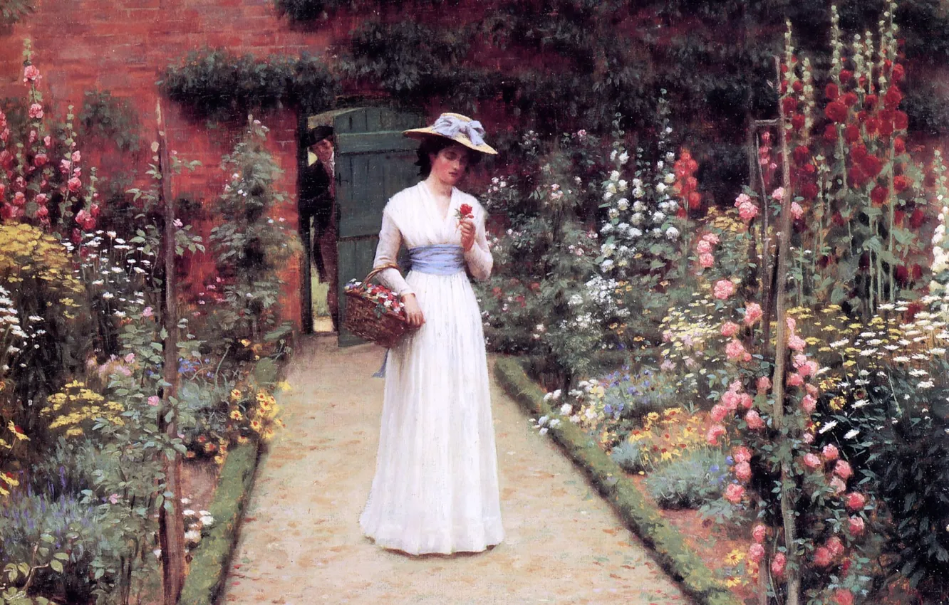 Photo wallpaper flowers, basket, gentleman, Leighton Edmund Blair, outfit., Lady in a Garden big