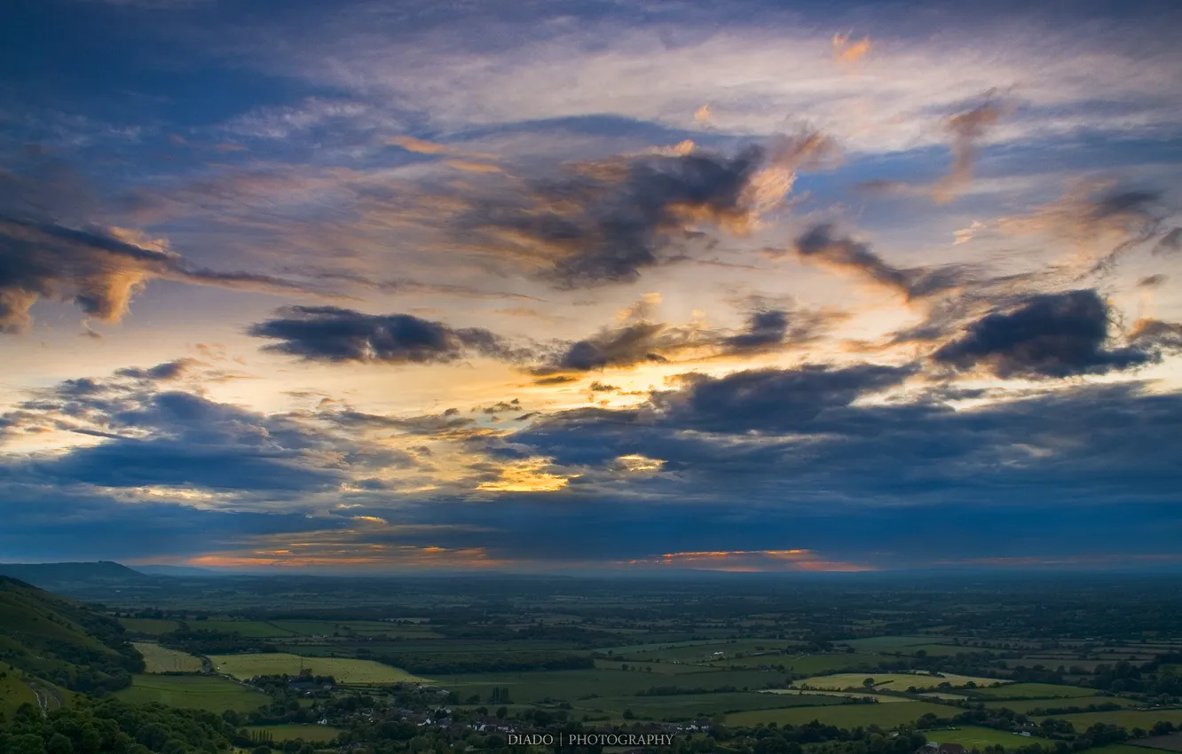 Photo wallpaper field, forest, the sky, clouds, landscape, nature, hills, horizon