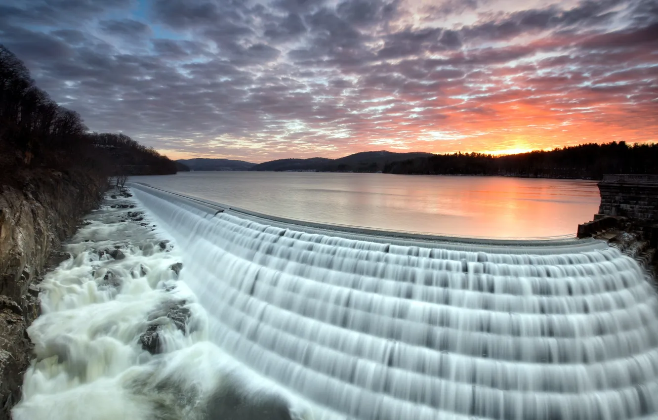 Photo wallpaper landscape, sunset, waterfall