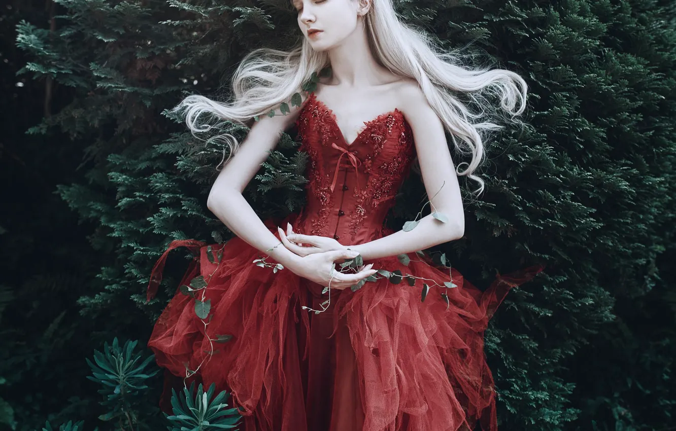 Photo wallpaper girl, pose, style, mood, hands, red dress, Princess, the bushes