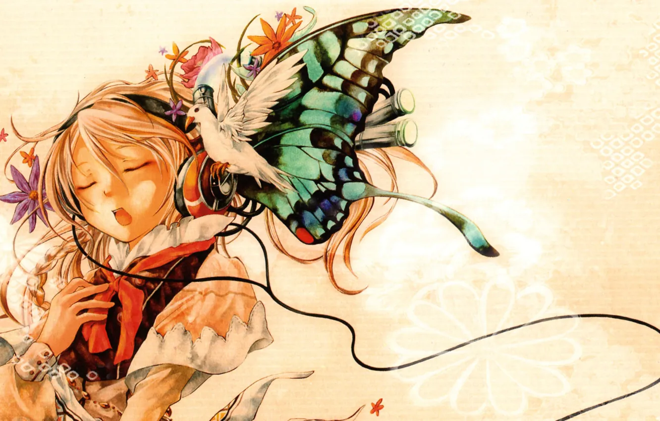 Photo wallpaper butterfly, dove, headphones, girl, closed eyes, singing