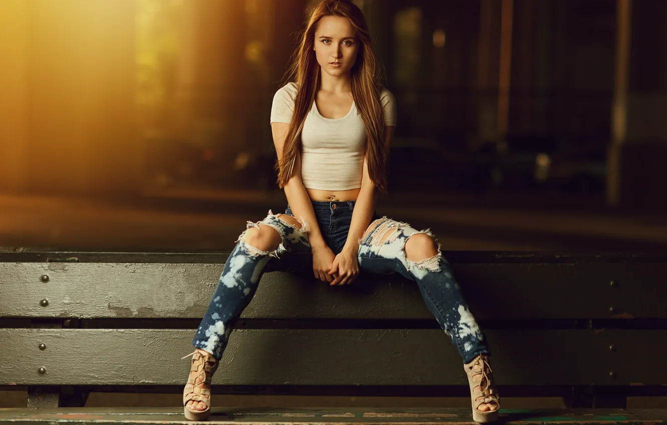 Photo wallpaper girl, light, bench, night, pose, Mike, hairstyle, shoes