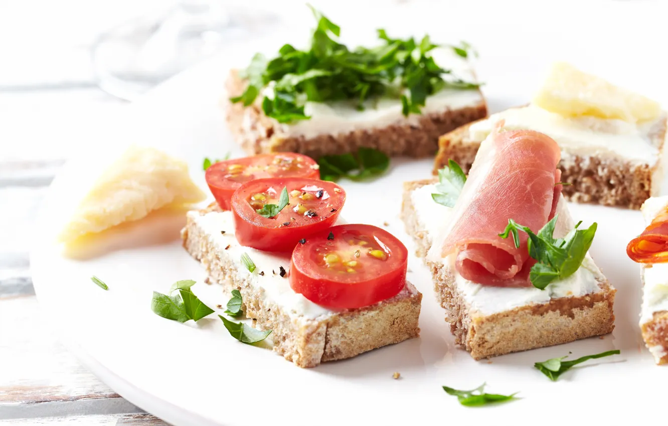 Photo wallpaper food, cheese, bread, tomatoes, bacon, sandwiches
