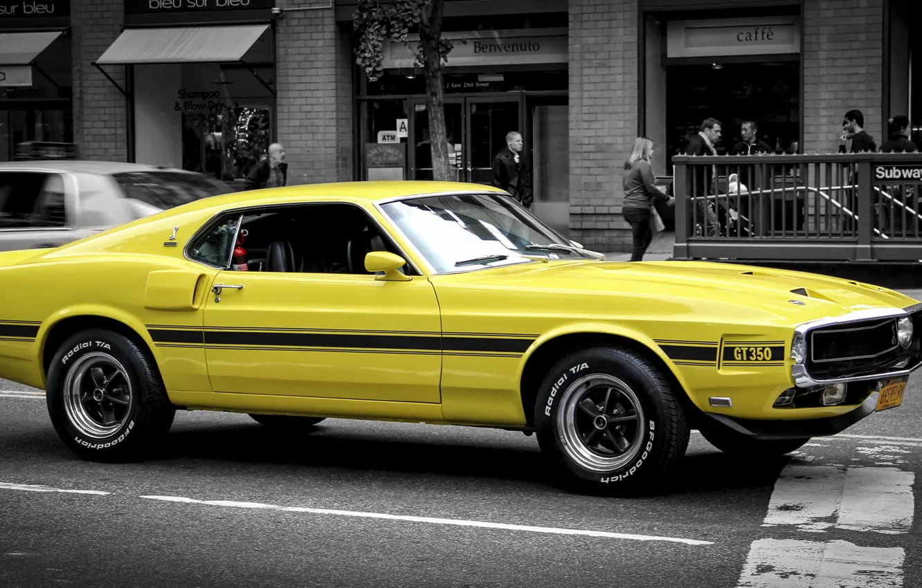 Photo wallpaper yellow, Mustang, Ford, Ford, Mustang, classic, Muscle car, Muscle car
