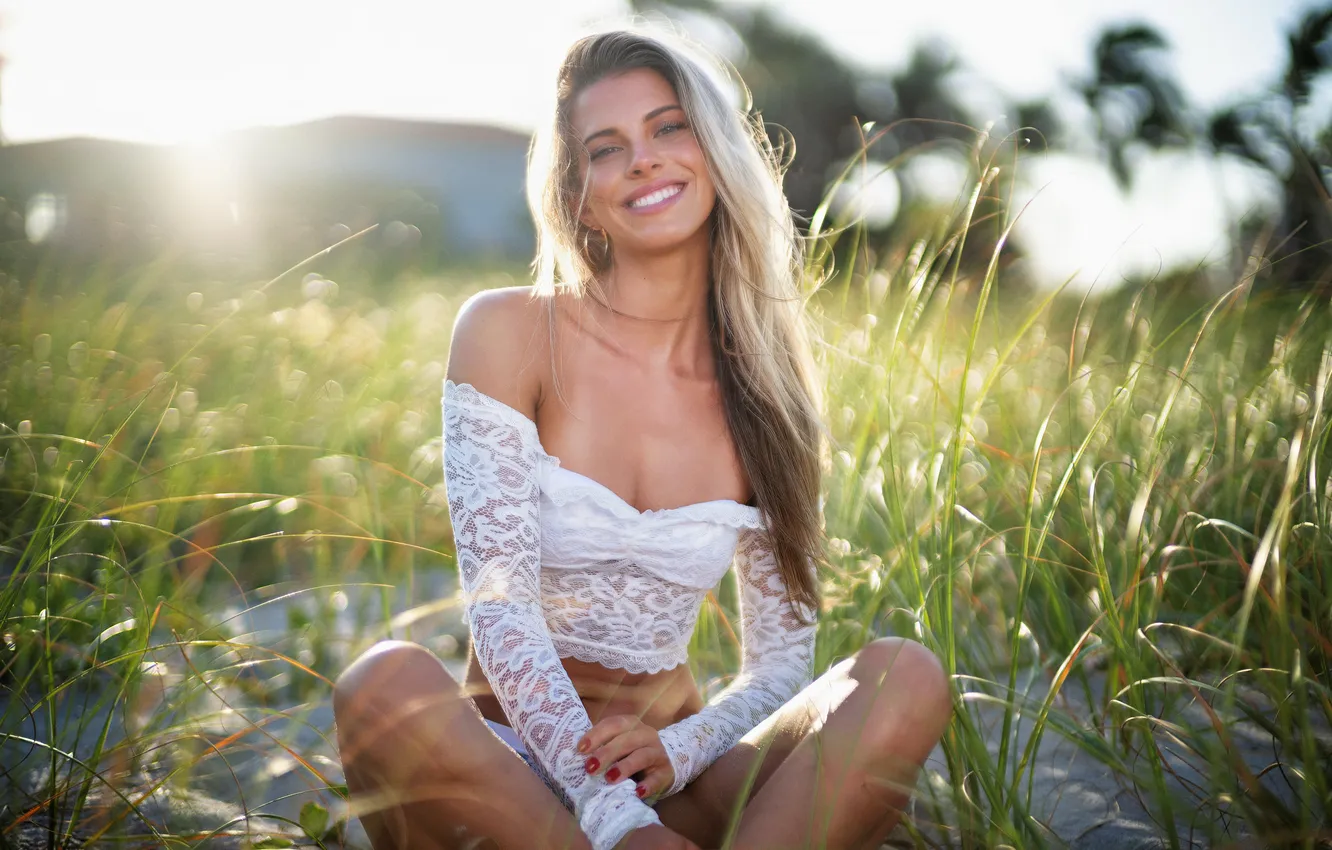 Photo wallpaper girl, summer, grass, smile, bokeh, look, blonde, Happy