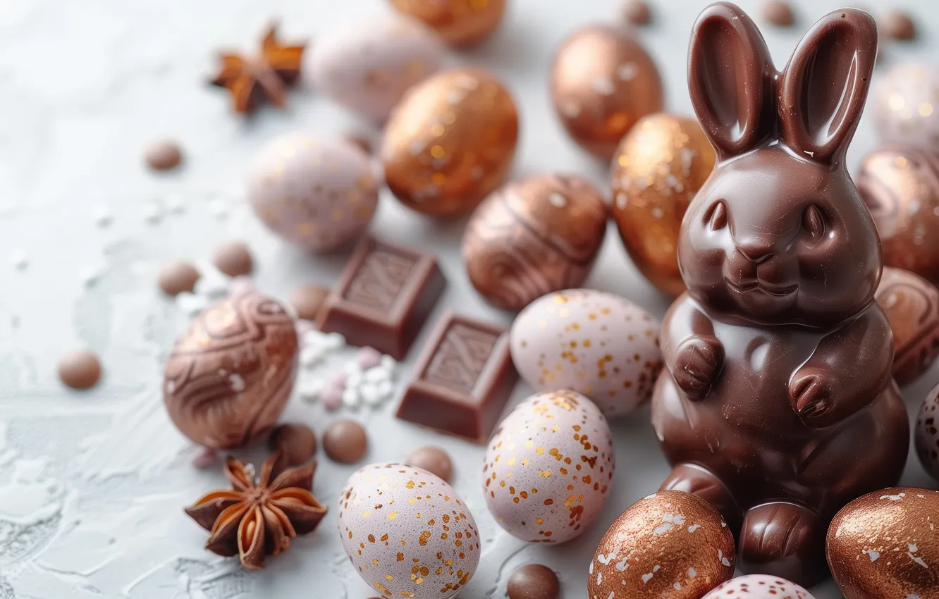 Photo wallpaper holiday, chocolate, eggs, spring, rabbit, Easter, candy, light background