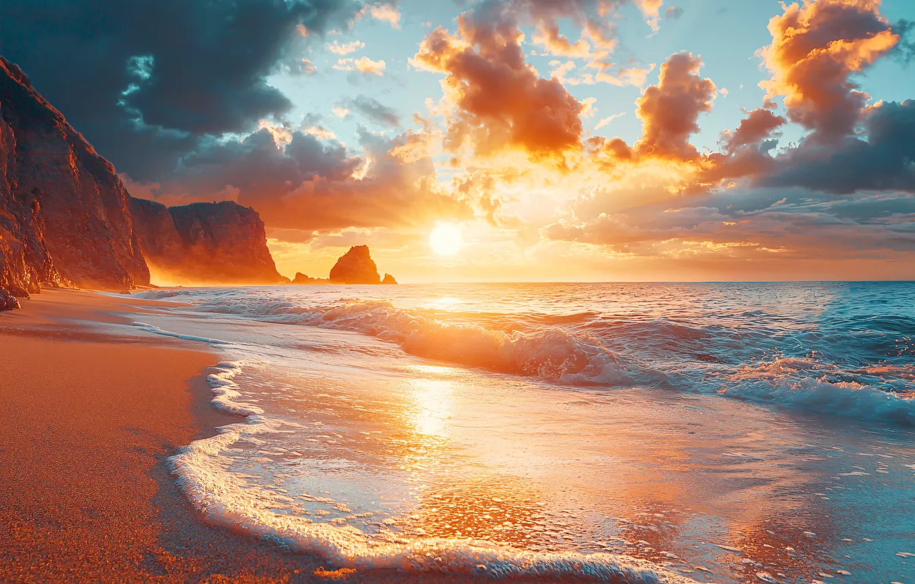 Photo wallpaper sand, sea, wave, beach, the sky, the sun, clouds, light