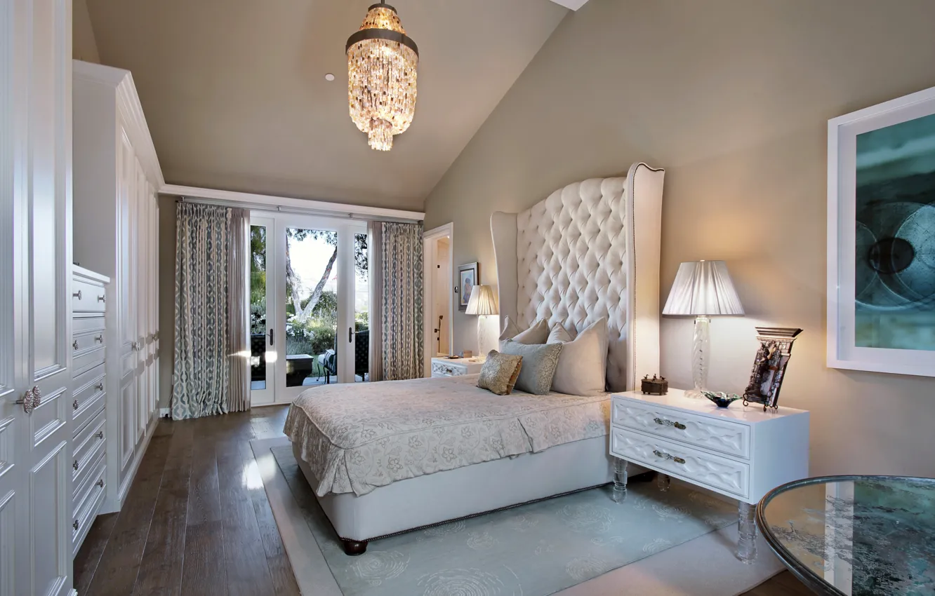 Photo wallpaper design, photo, lamp, bed, interior, chandelier, bedroom