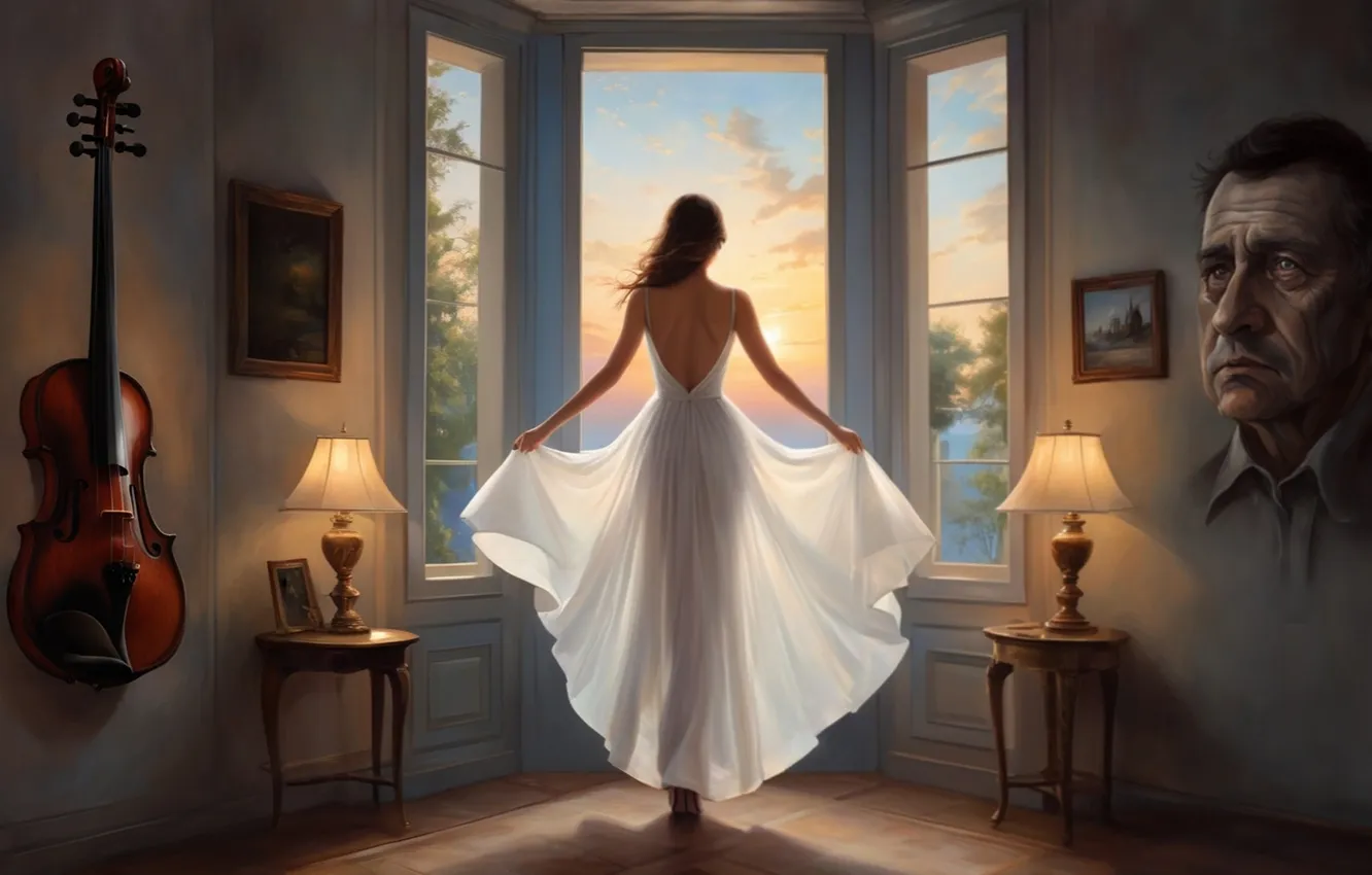 Photo wallpaper girl, interior, picture, window, lamp