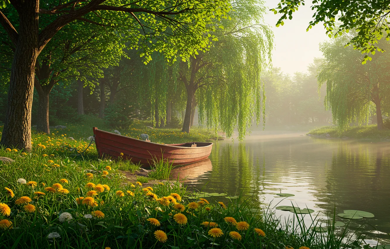 Photo wallpaper the sky, grass, water, trees, flowers, fog, lake, shore
